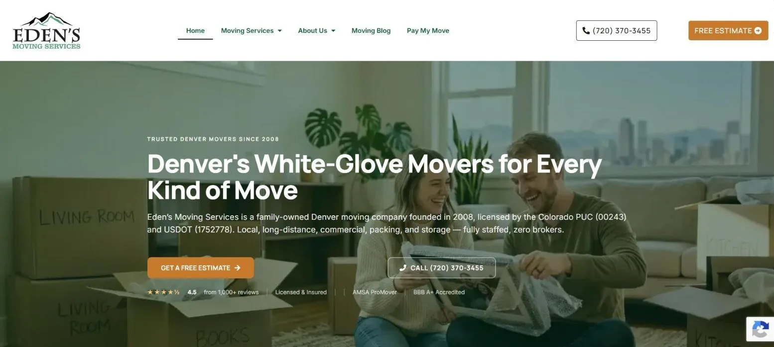 Eden’s Moving Services website homepage, built by Media Group Marketing