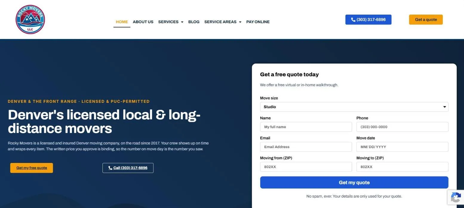 Rocky Movers website homepage, built by Media Group Marketing