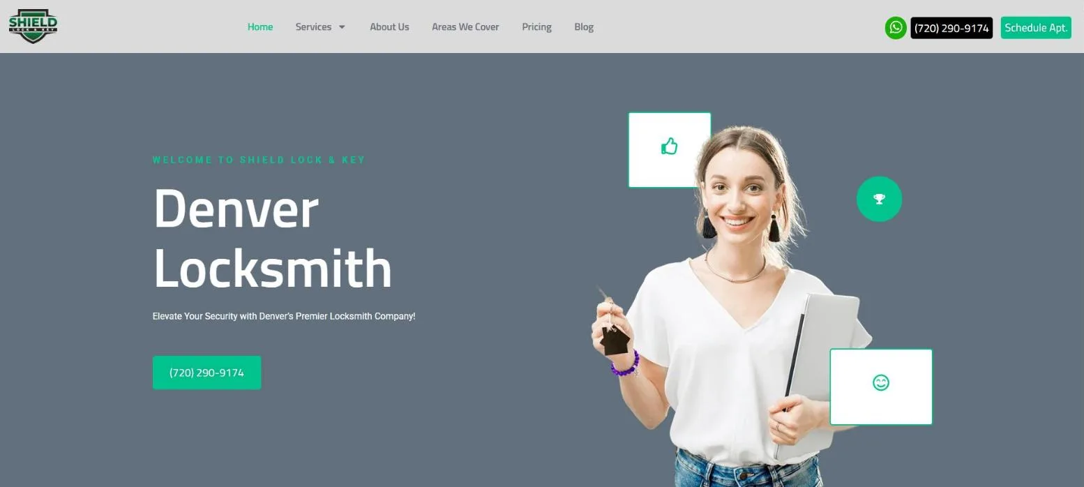 Shield Lock & Key website homepage, built by Media Group Marketing