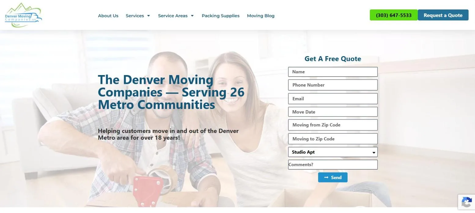 The Denver Moving Company website homepage, built by Media Group Marketing